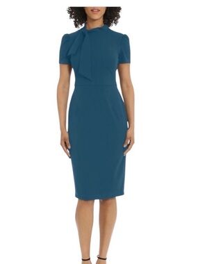 Maggy London Teal Tie-Neck Midi Sheath Dress